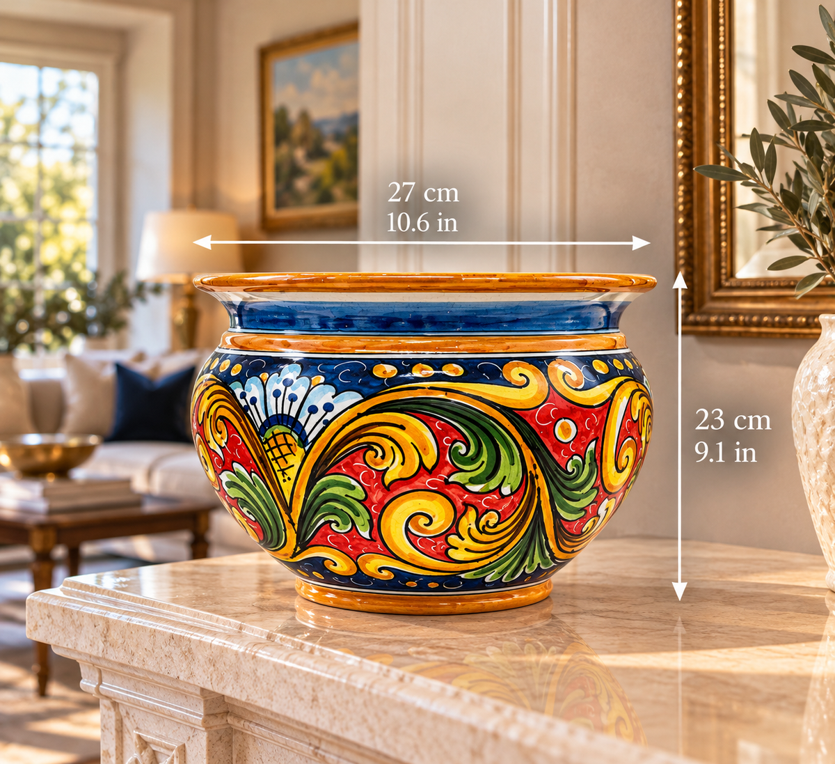 Colorful Sicilian ceramic planter measuring 27 cm (10.6 inches) wide and 23 cm (9.1 inches) high, displayed on a marble console.