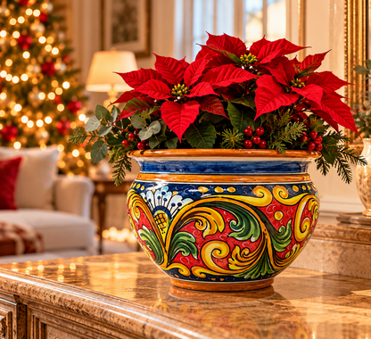 Hand-painted Sicilian ceramic planter from Caltagirone featuring colorful traditional majolica floral patterns in blue, yellow, red and green.