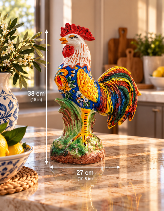 	Hand painted Sicilian ceramic rooster displayed in elegant Mediterranean kitchen