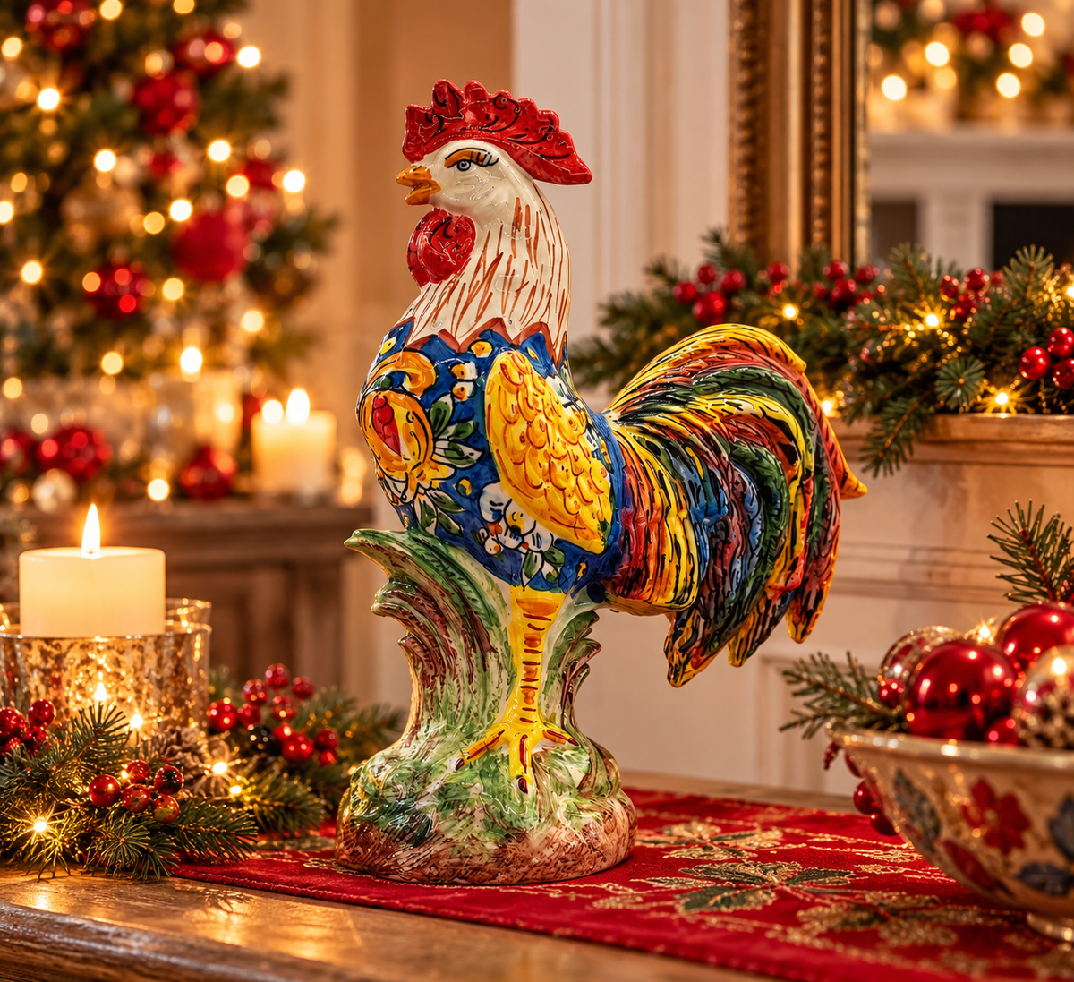 	Colorful Italian ceramic rooster in elegant Christmas home decoration
