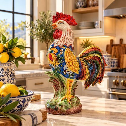 Caltagirone ceramic rooster sculpture 38 cm high and 27 cm wide