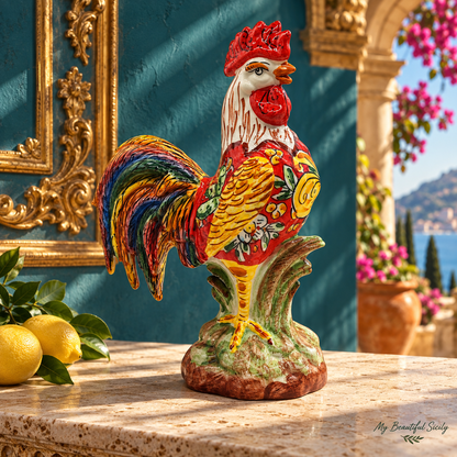 Hand-painted Sicilian ceramic rooster with a red comb, yellow floral wing, multicolored tail and sculpted green and brown base.