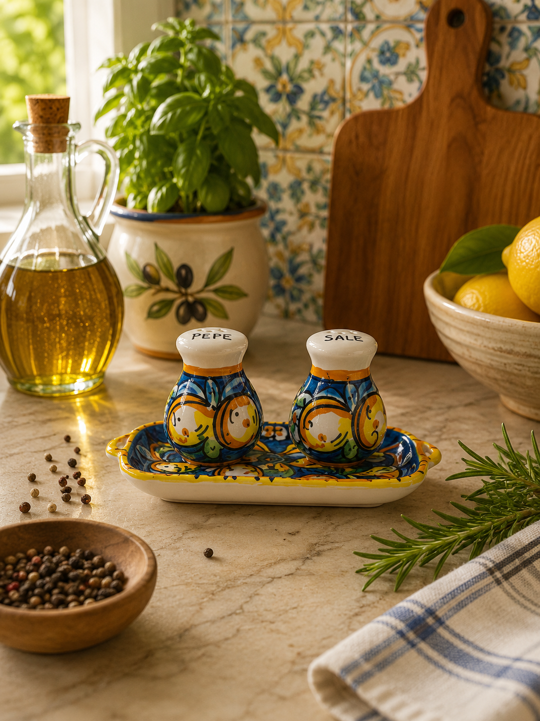 Hand-painted Sicilian ceramic salt and pepper shaker set with a matching 20 cm tray