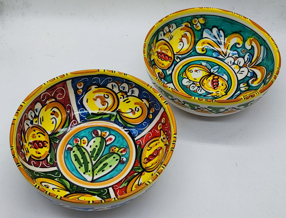 Authentic handmade Sicilian majolica bowls with lemon and prickly pear designs