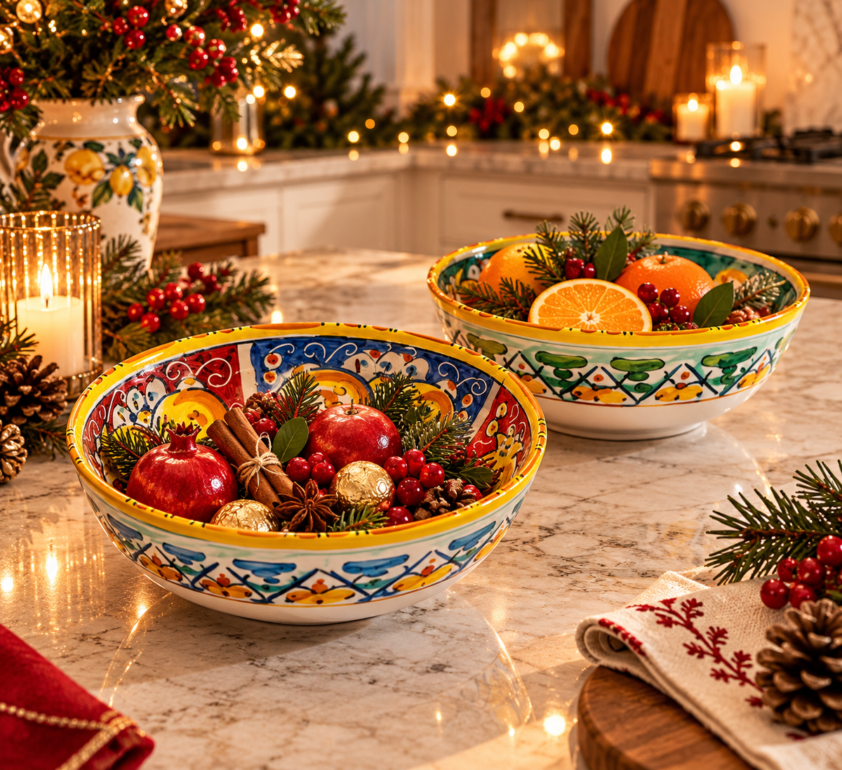 Two hand painted Sicilian ceramic bowls displayed in an elegant Christmas kitchen