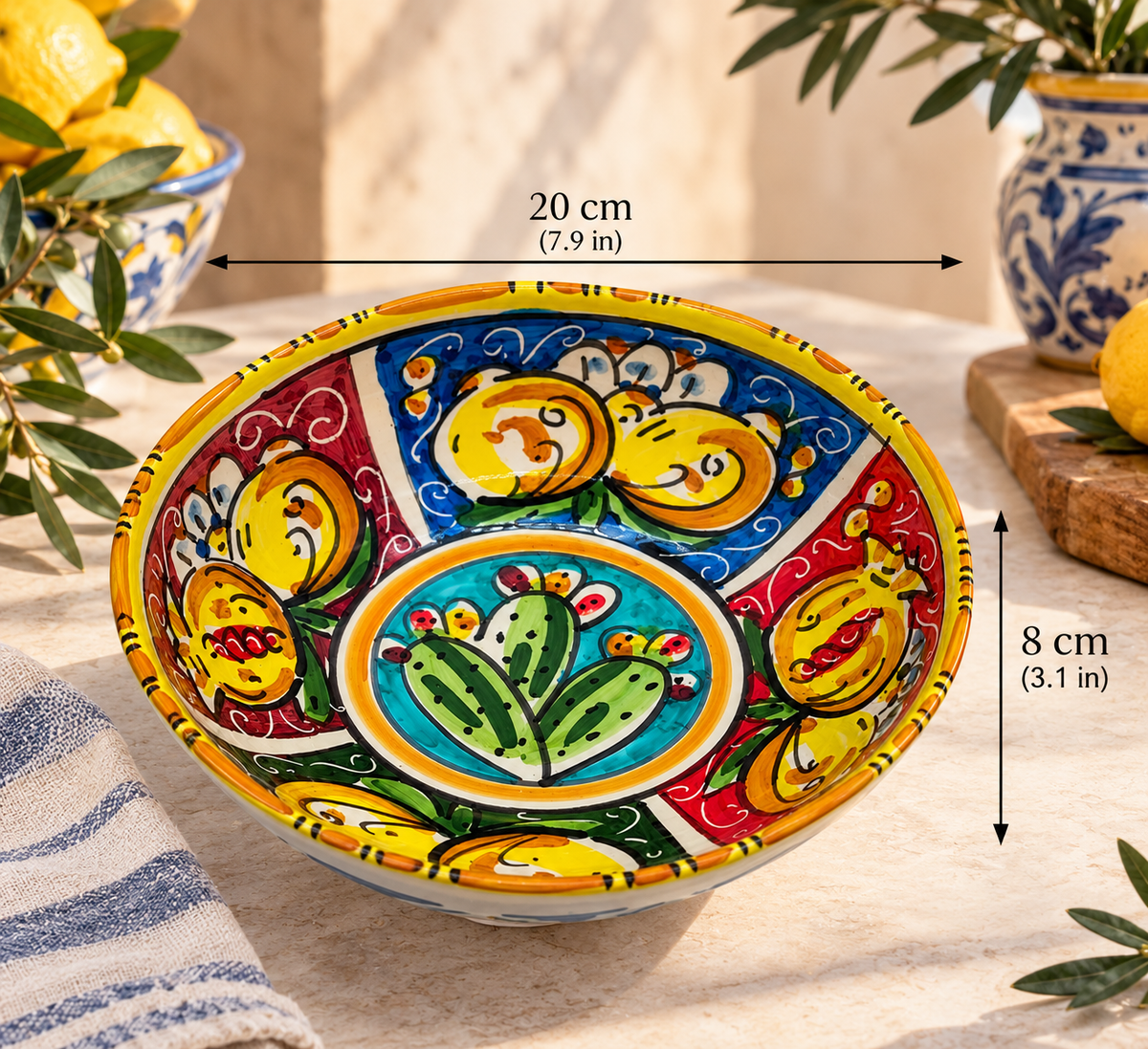 Hand painted Sicilian prickly pear ceramic bowl 20 cm wide and 8 cm high