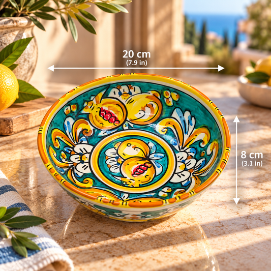 Turquoise Sicilian lemon ceramic bowl measuring 20 cm wide and 8 cm high