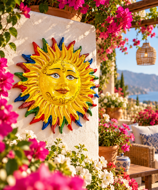 Hand-painted Sicilian ceramic sun wall decoration with a bright yellow face and colorful rays, displayed on a Mediterranean terrace with pink bougainvillea flowers.
