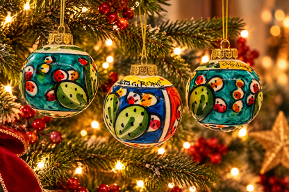 Three hand-painted Sicilian ceramic Christmas baubles hanging on a festive Christmas tree