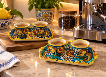 Two colorful Sicilian ceramic espresso sets displayed beside a coffee machine in an elegant Mediterranean kitchen, with hand-painted cups and matching trays.