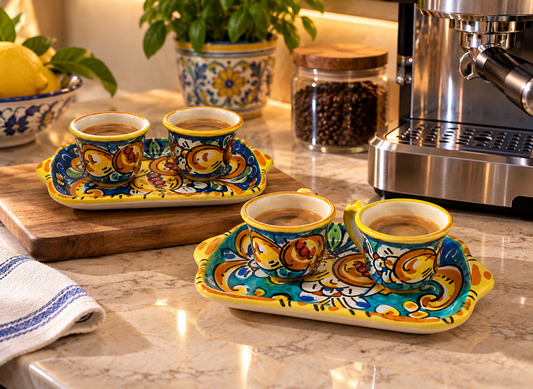 Two colorful Sicilian ceramic espresso sets displayed beside a coffee machine in an elegant Mediterranean kitchen, with hand-painted cups and matching trays.