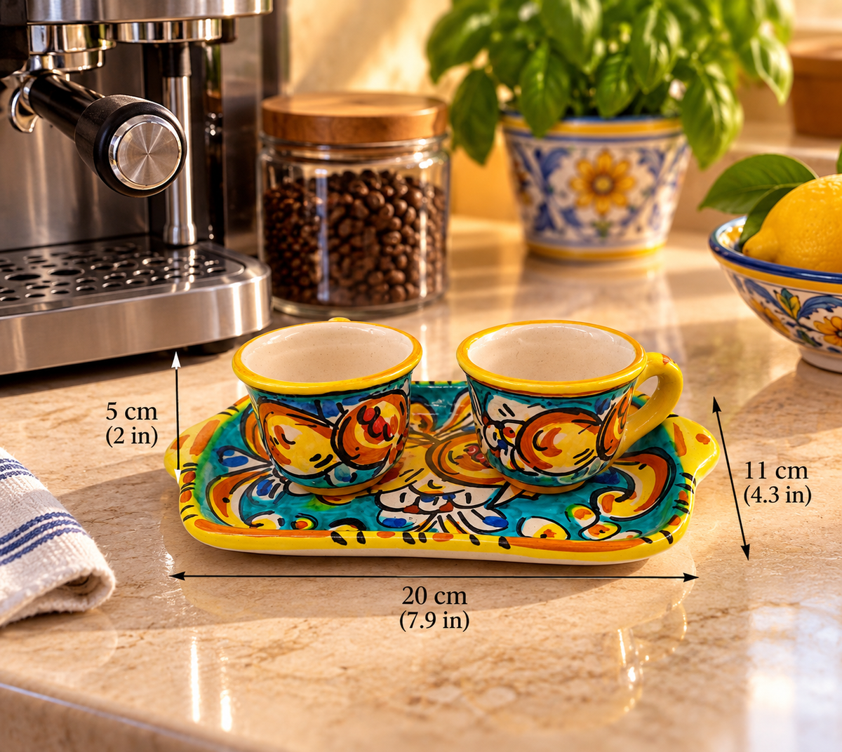 Hand-painted Sicilian espresso set with two ceramic cups and rectangular serving tray, measuring 20 cm by 11 cm, with cups approximately 5 cm tall.