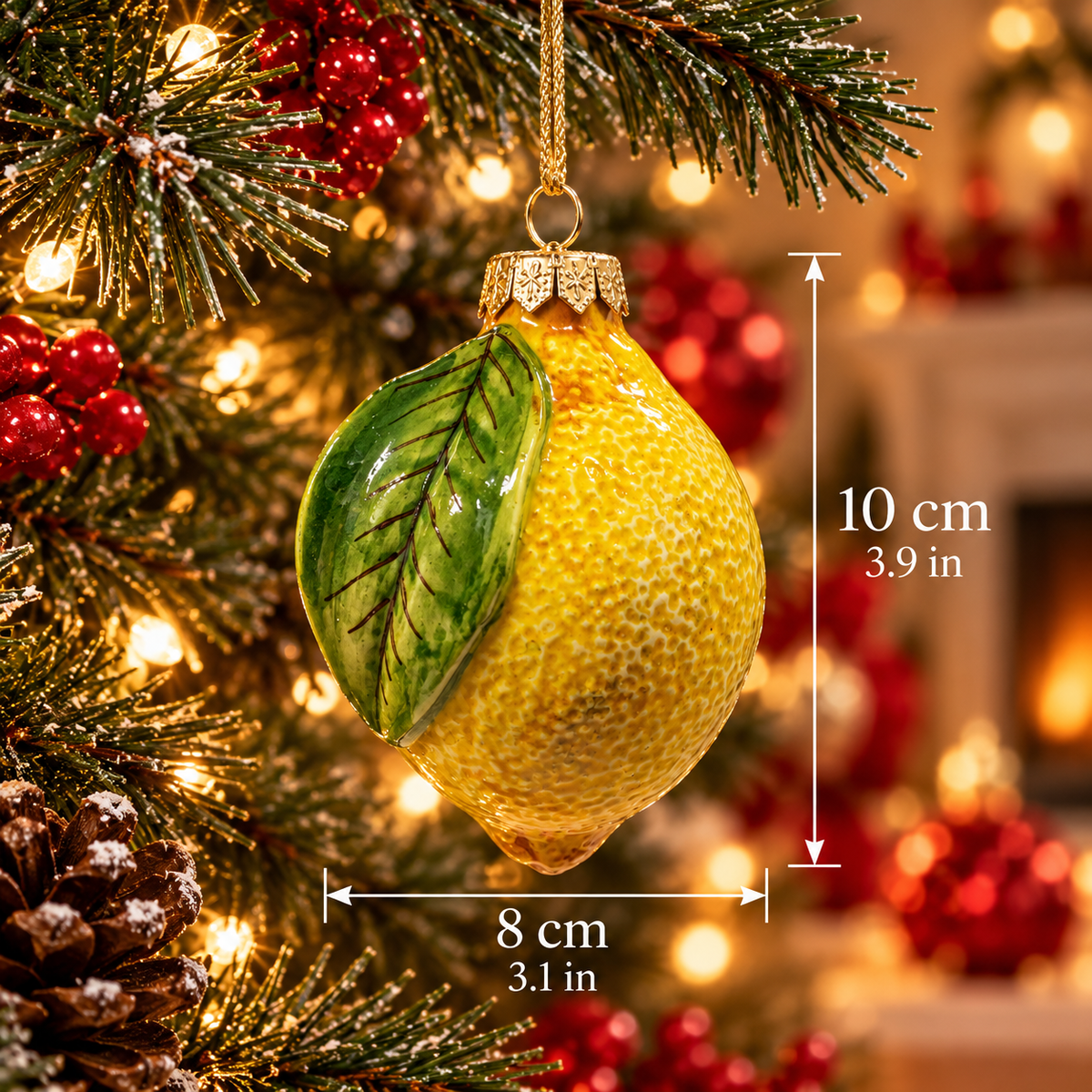 Hand-painted Sicilian lemon ceramic Christmas ornament hanging on a festive tree, measuring 10 cm high and 8 cm wide.