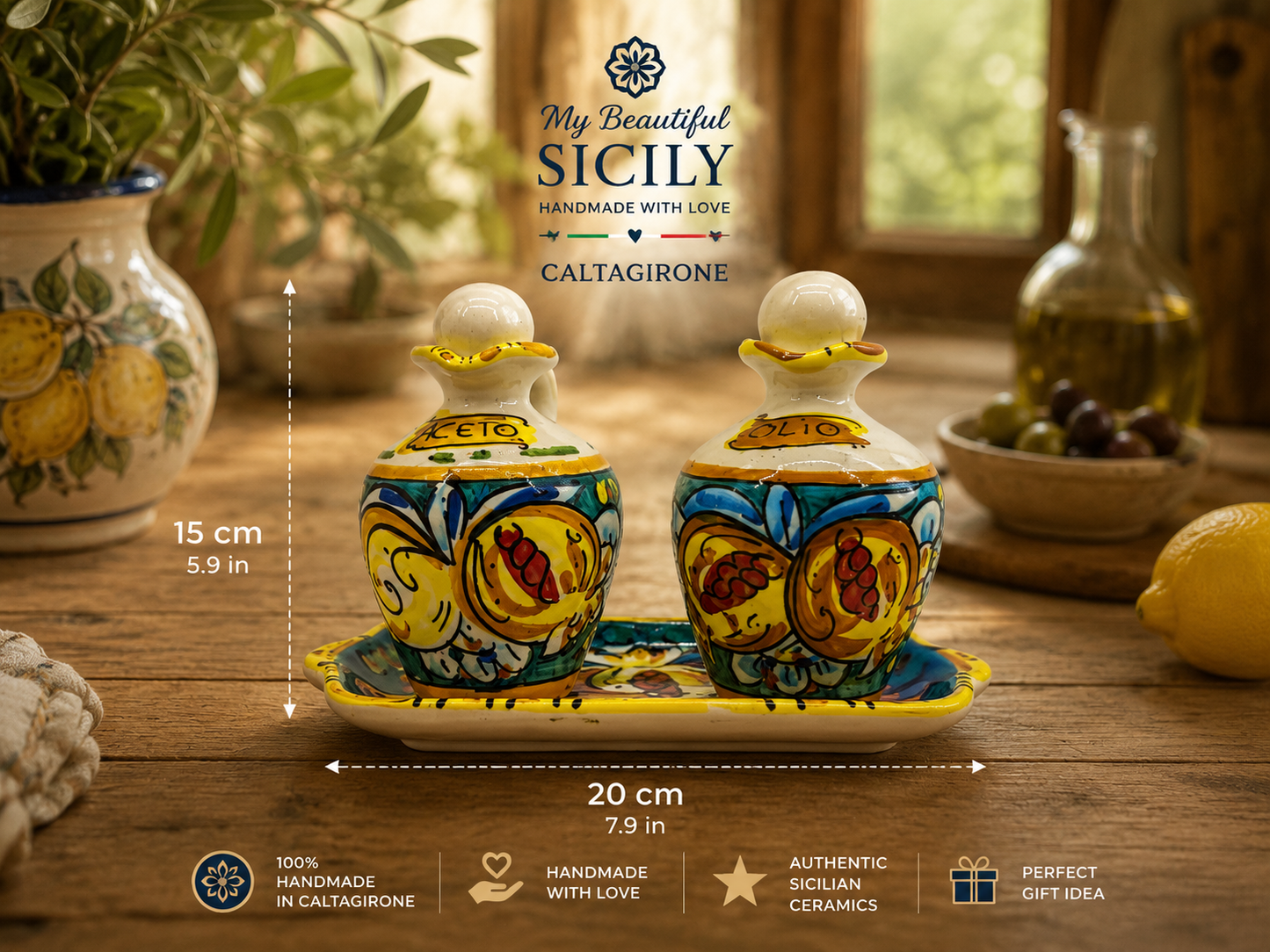 Hand-painted Sicilian lemon ceramic oil and vinegar set with matching tray on a rustic kitchen table