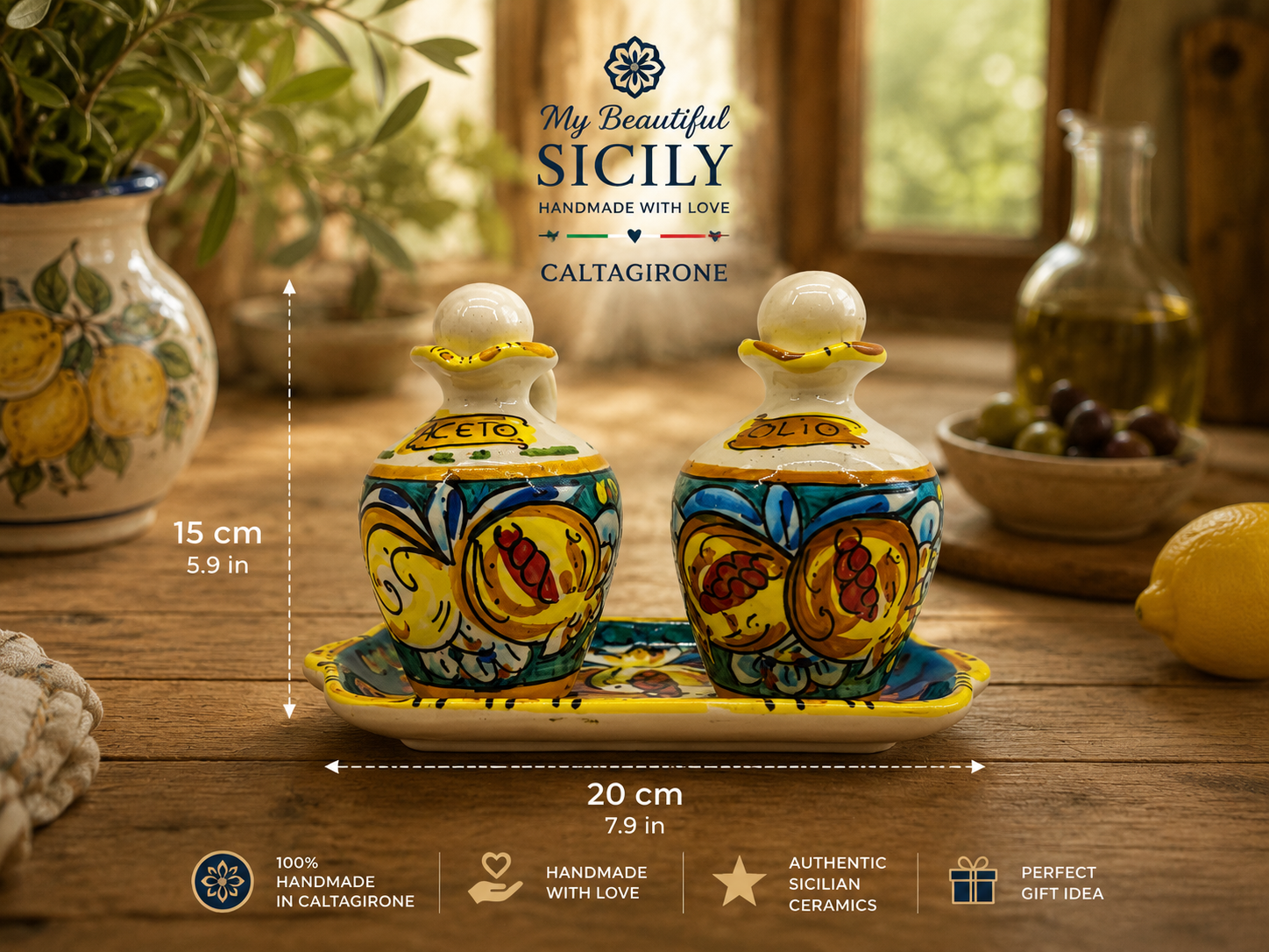 Hand-painted Sicilian lemon ceramic oil and vinegar set with matching tray on a rustic kitchen table