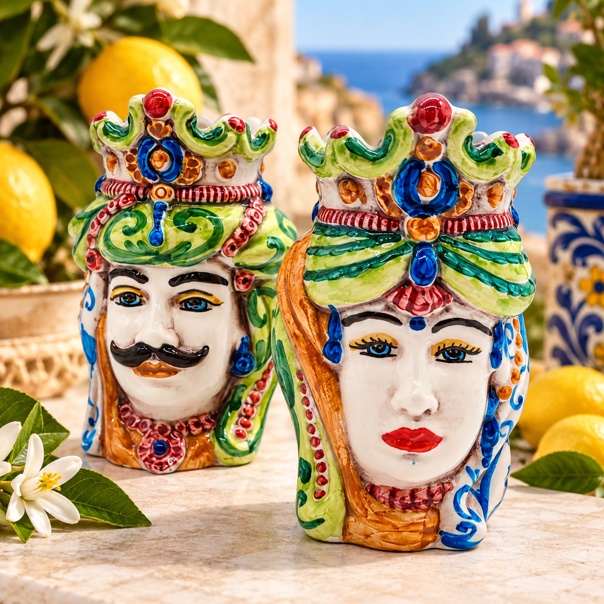 Colorful Sicilian Moorish Head ceramic king and queen vases, hand-painted in Italy, displayed in a Mediterranean setting.