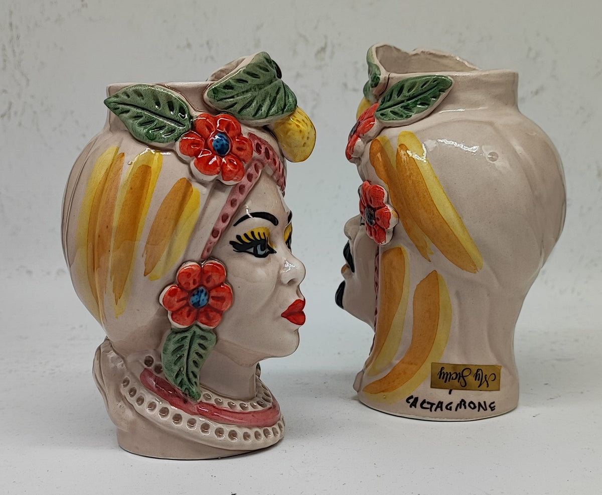 Set of two Sicilian ceramic Moorish Heads, each measuring 14 cm or 5.5 inches in height