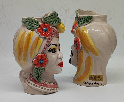 Set of two Sicilian ceramic Moorish Heads, each measuring 14 cm or 5.5 inches in height