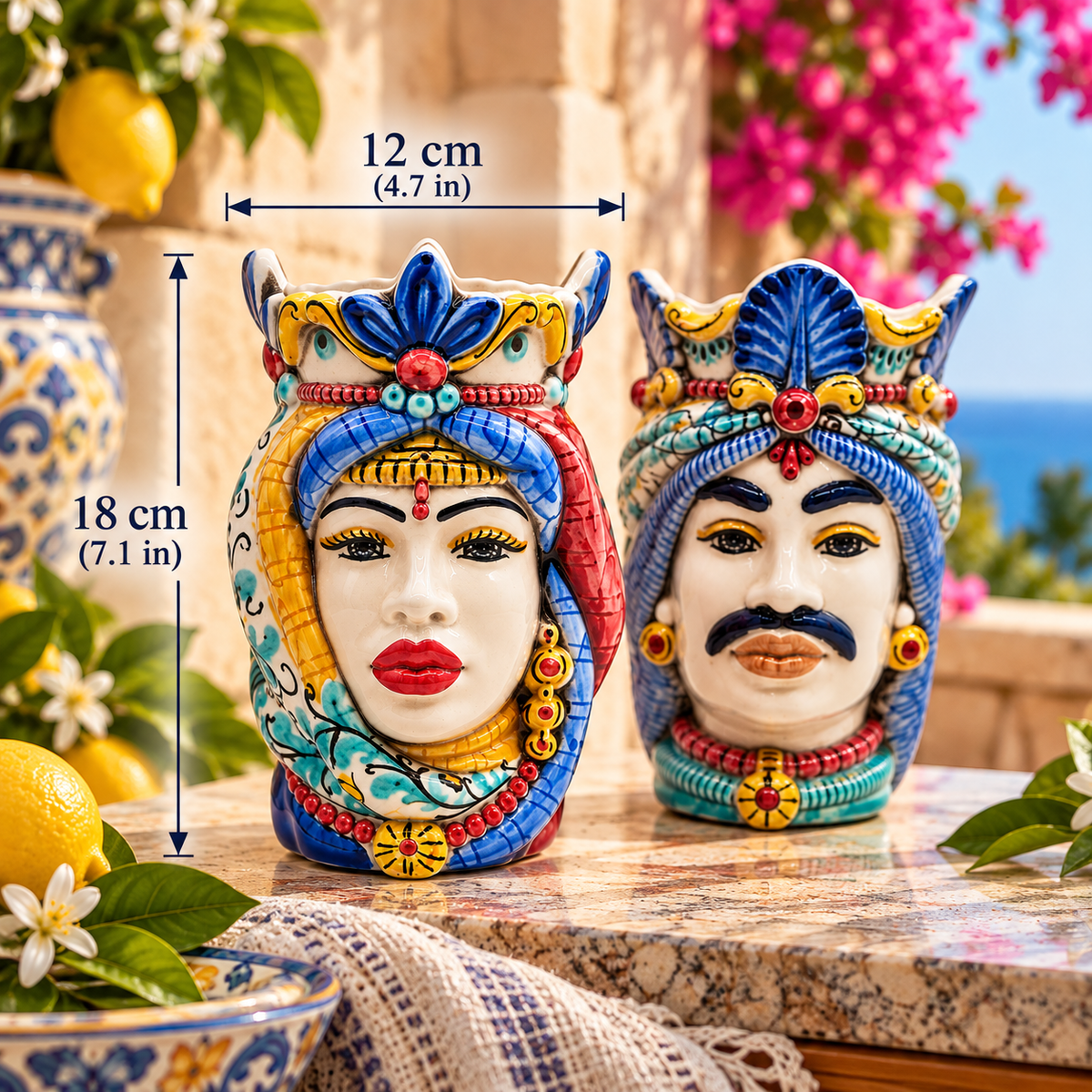 Female and Male Sicilian Moorish Heads sold together as a ceramic pair