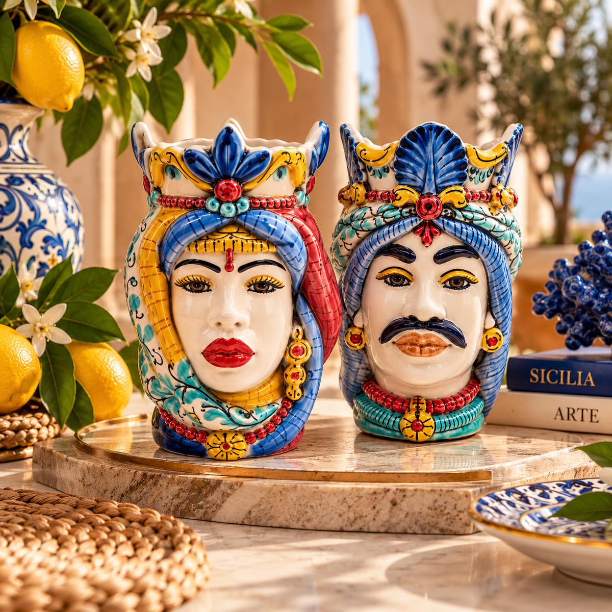 Pair of Sicilian Moorish Heads with Female and Male Teste di Moro ceramic