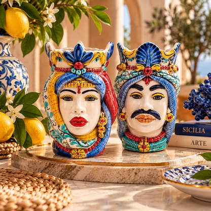 Pair of Sicilian Moorish Heads with Female and Male Teste di Moro ceramic