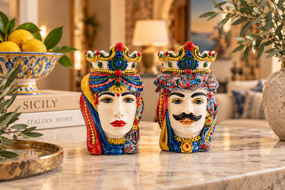 Hand-painted Sicilian Moorish Heads Donna and Maschio displayed as a matching pair in an elegant Mediterranean living room.