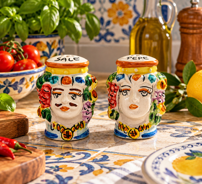 Colorful Sicilian ceramic salt and pepper shaker set featuring male and female Moorish Heads in an Italian-style kitchen.