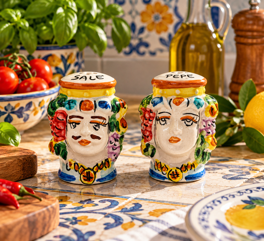 Colorful Sicilian ceramic salt and pepper shaker set featuring male and female Moorish Heads in an Italian-style kitchen.
