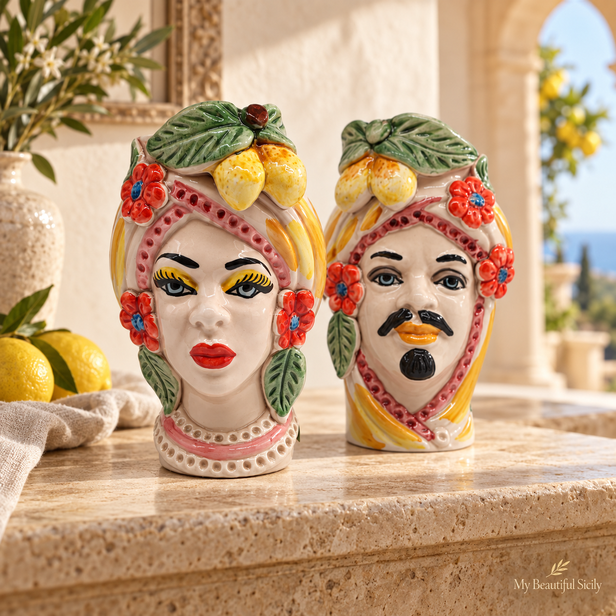 Handmade Sicilian Moorish Heads set of 2 with lemons, hand-painted Caltagirone ceramic couple, 14 cm tall