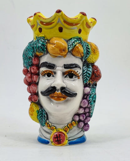Male Sicilian Moor’s Head vase with crown, moustache and colorful hand-painted fruit