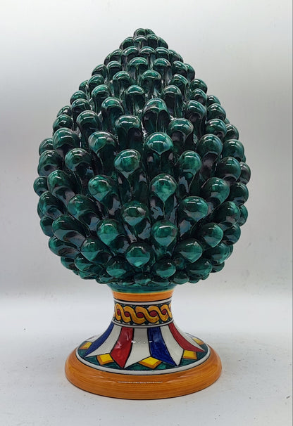 Emerald green Sicilian ceramic pine cone measuring 30 cm (11.8 inches) high and 19 cm (7.5 inches) wide.