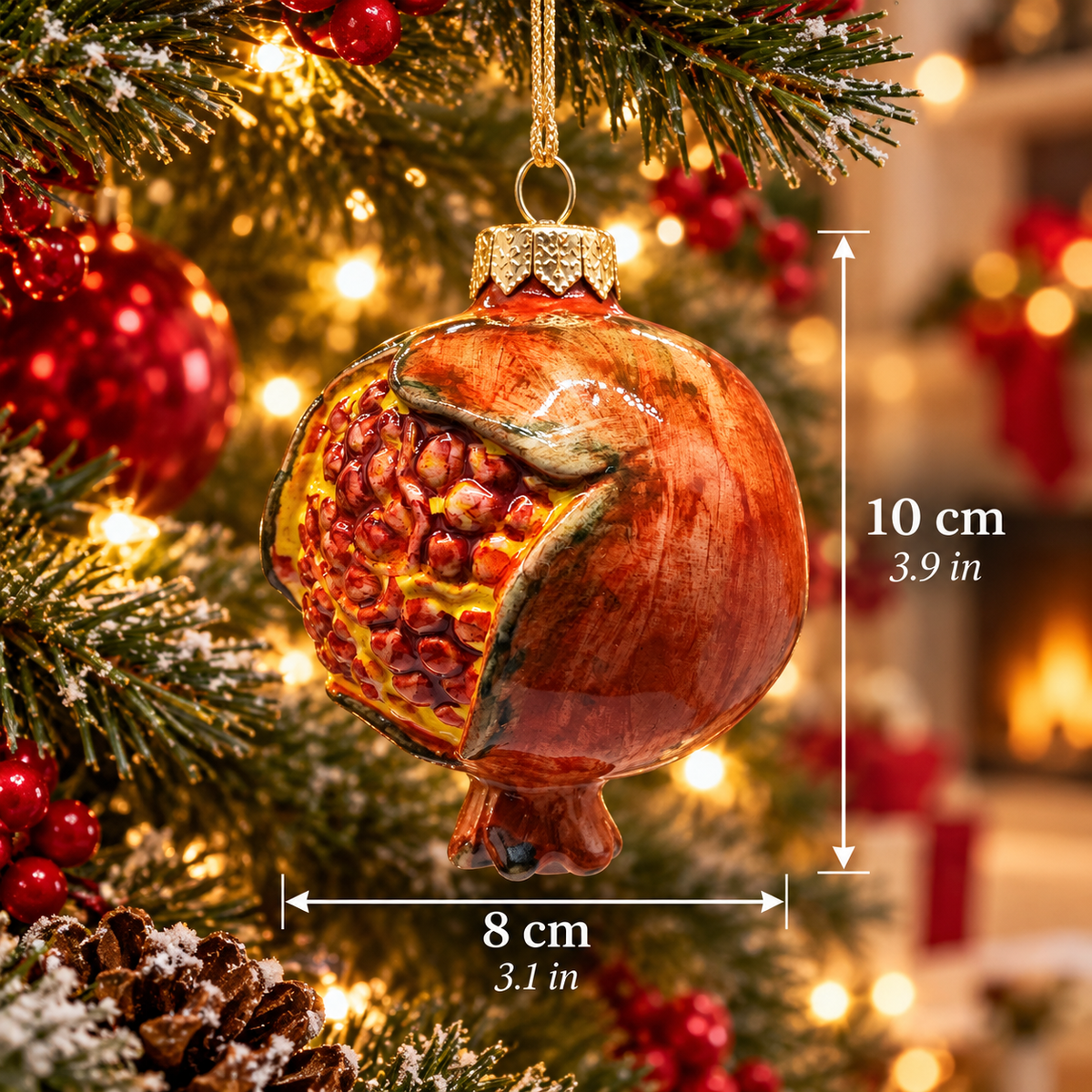 Hand-painted Sicilian ceramic pomegranate Christmas ornament with sculpted red seeds, measuring 10 cm high and 8 cm wide.