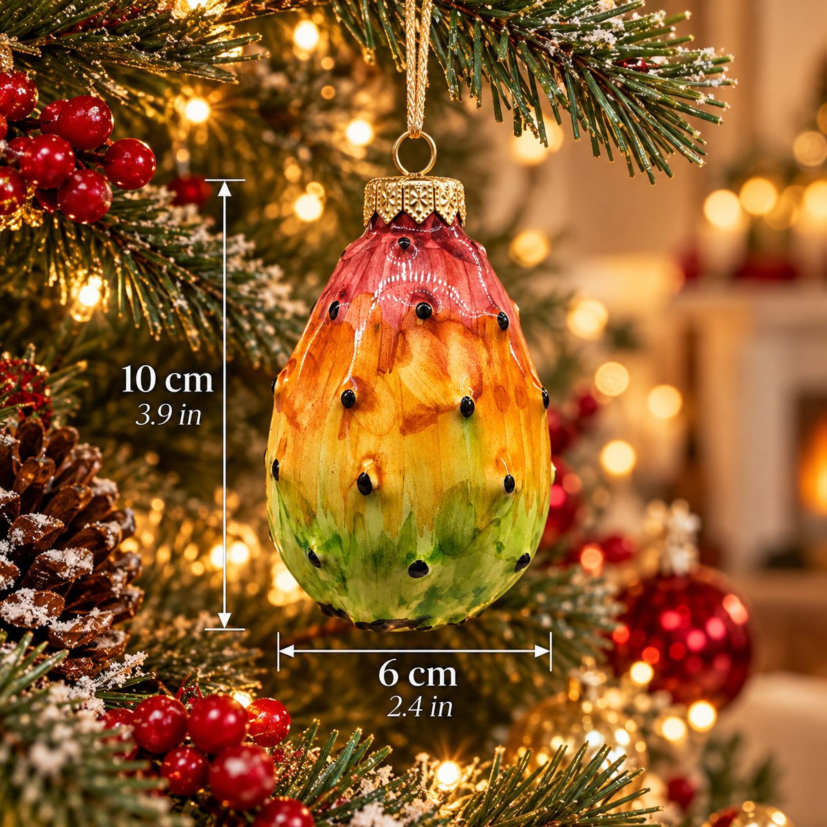 Colorful hand-painted Sicilian prickly pear Christmas ornament, measuring 10 cm tall and 6 cm wide.