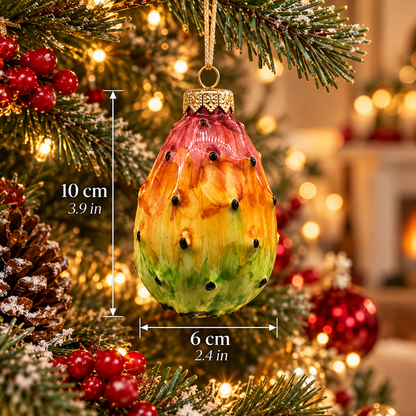 Colorful hand-painted Sicilian prickly pear Christmas ornament, measuring 10 cm tall and 6 cm wide.