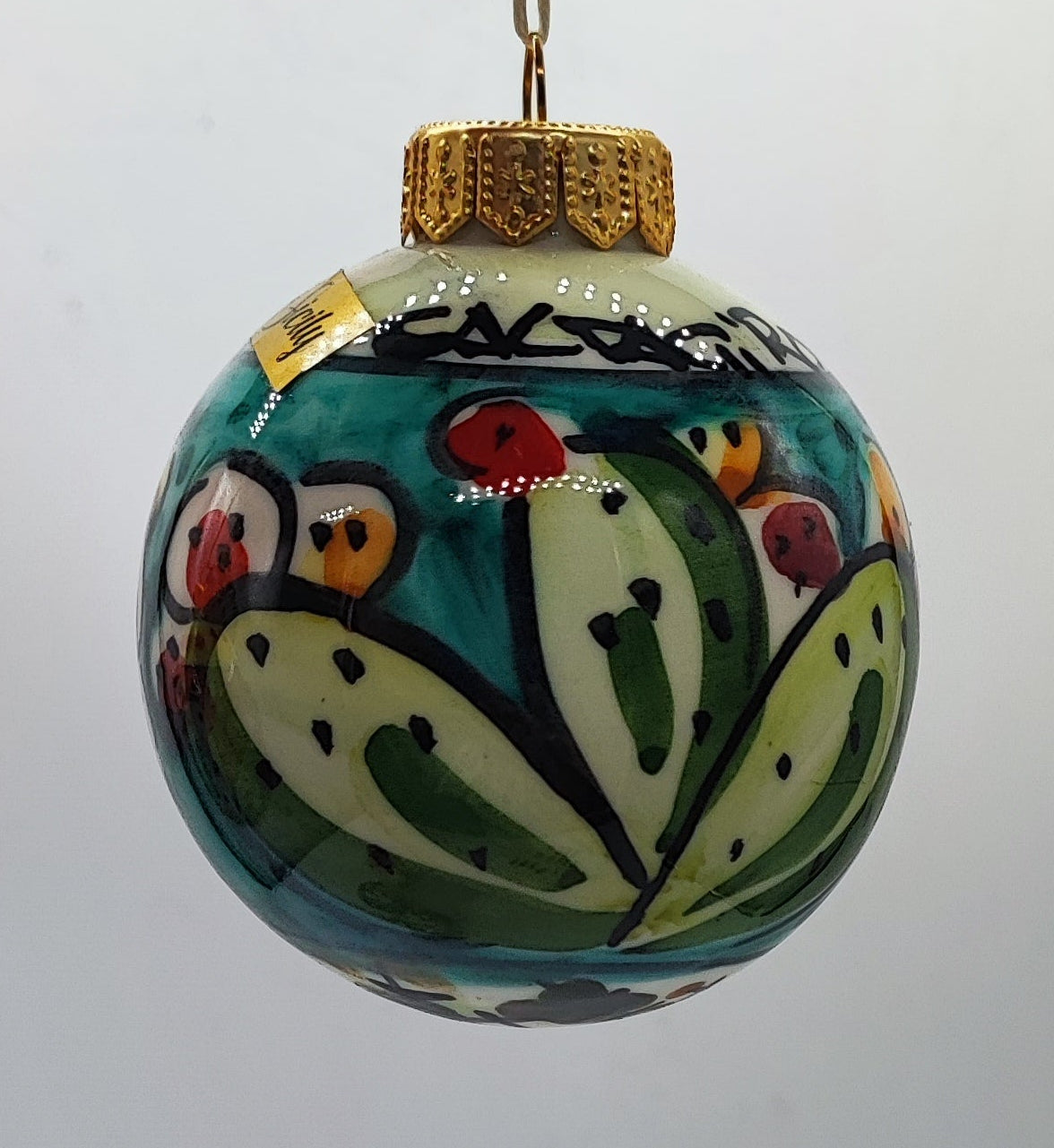 Authentic handmade Sicilian ceramic ornament with green prickly pear motif