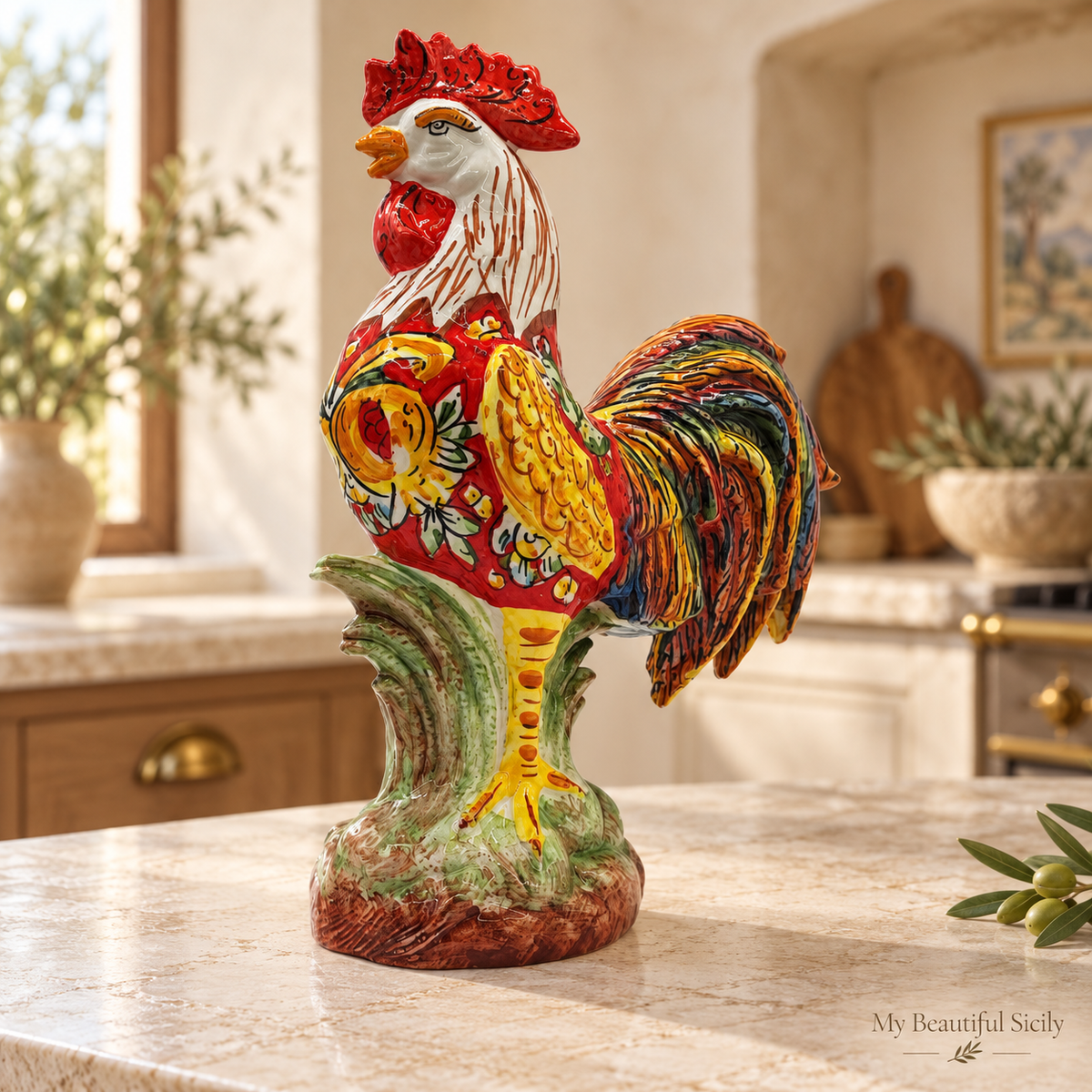 Sicilian ceramic rooster on a stone console against a teal wall with gold decorative details and lemons.