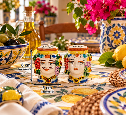 Hand-painted Sicilian Moorish Head salt and pepper shakers on a Mediterranean dining table, 6 cm high and 5 cm wide.