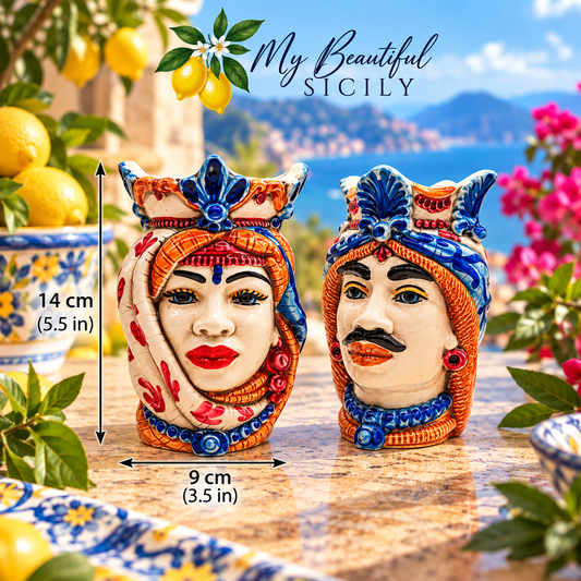 Hand-painted Sicilian Teste di Moro ceramic pair, male and female Moorish Heads, 14 cm tall, made in Sicily.
