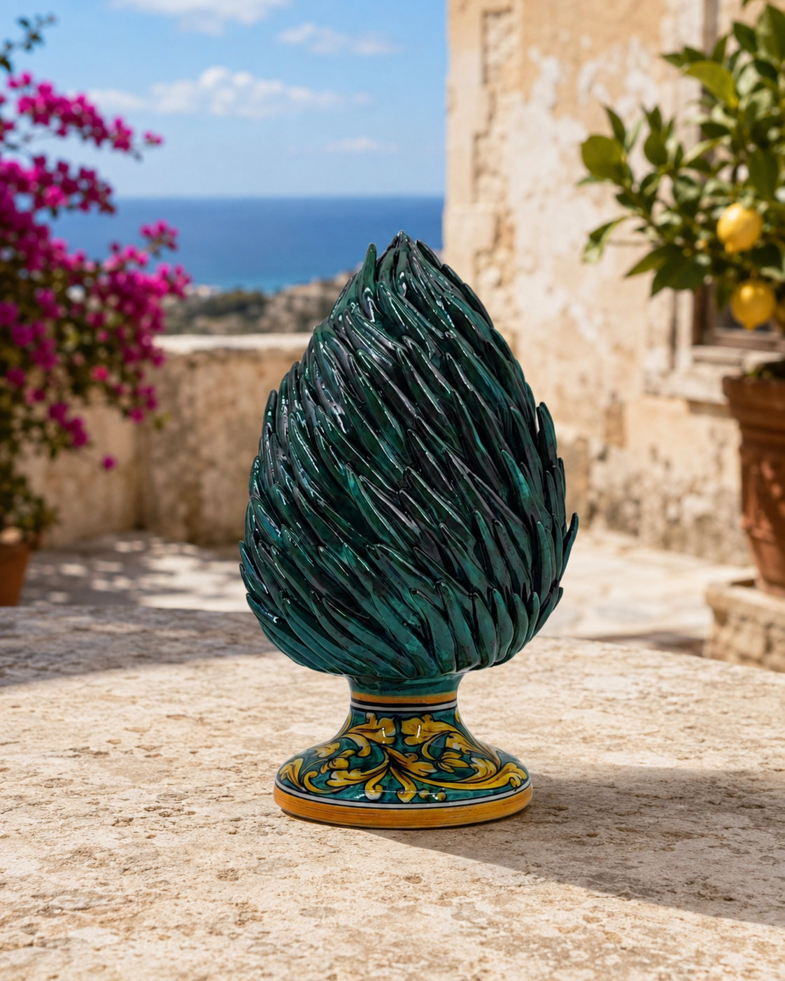 Emerald Green Sicilian Ceramic Pine Cone 28 cm – Hand-Painted Caltagirone Pigna