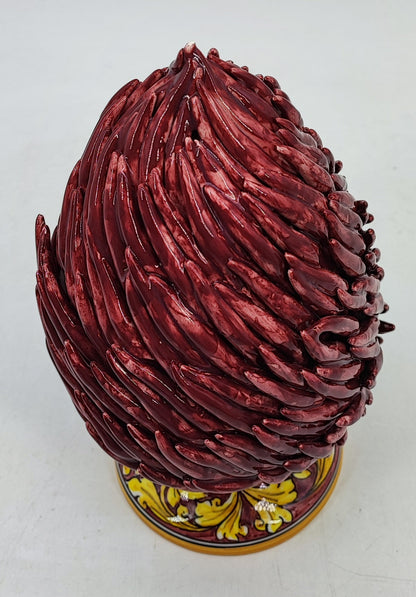 Handmade Sicilian Ceramic Pine Cone 28 cm – Burgundy Caltagirone Pigna
