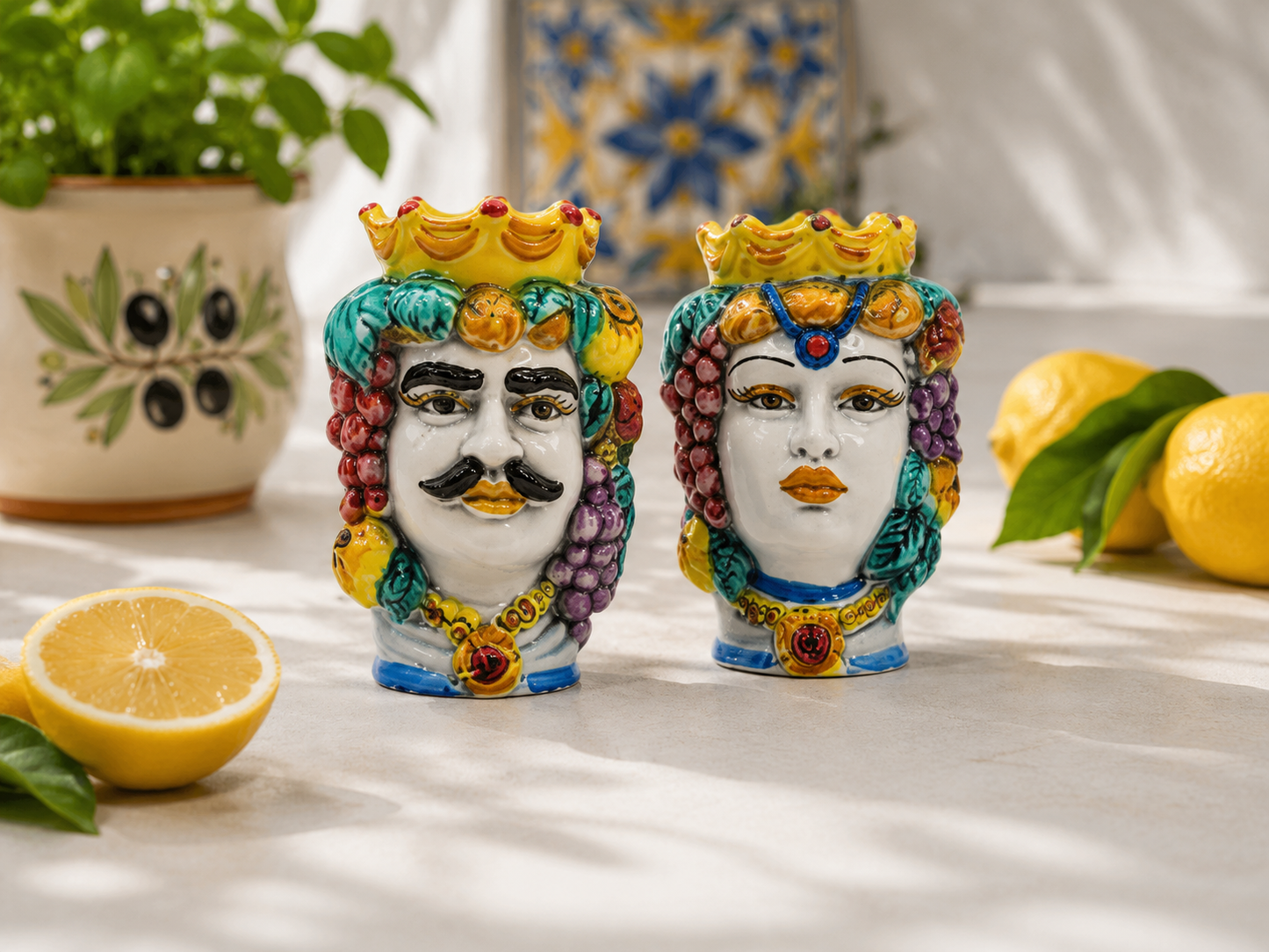 Male and female 14 cm Sicilian Moor’s Head ceramic vases displayed together and sold separately