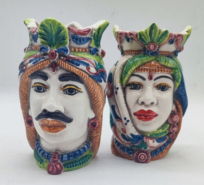 Sicilian ceramic Moorish Heads measuring 14 cm high and approximately 9 cm wide.
