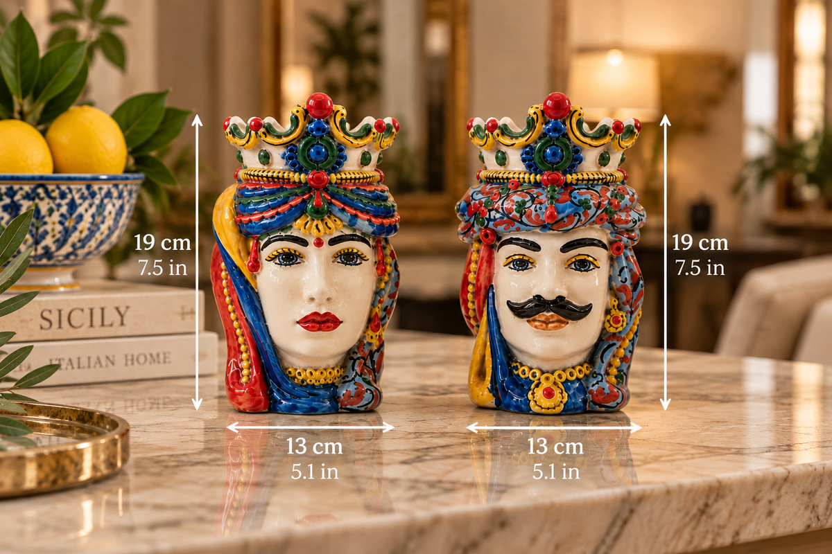 Sicilian Moorish Heads ceramic pair showing dimensions of each head: 19 cm high and 13 cm wide, handmade in Italy.