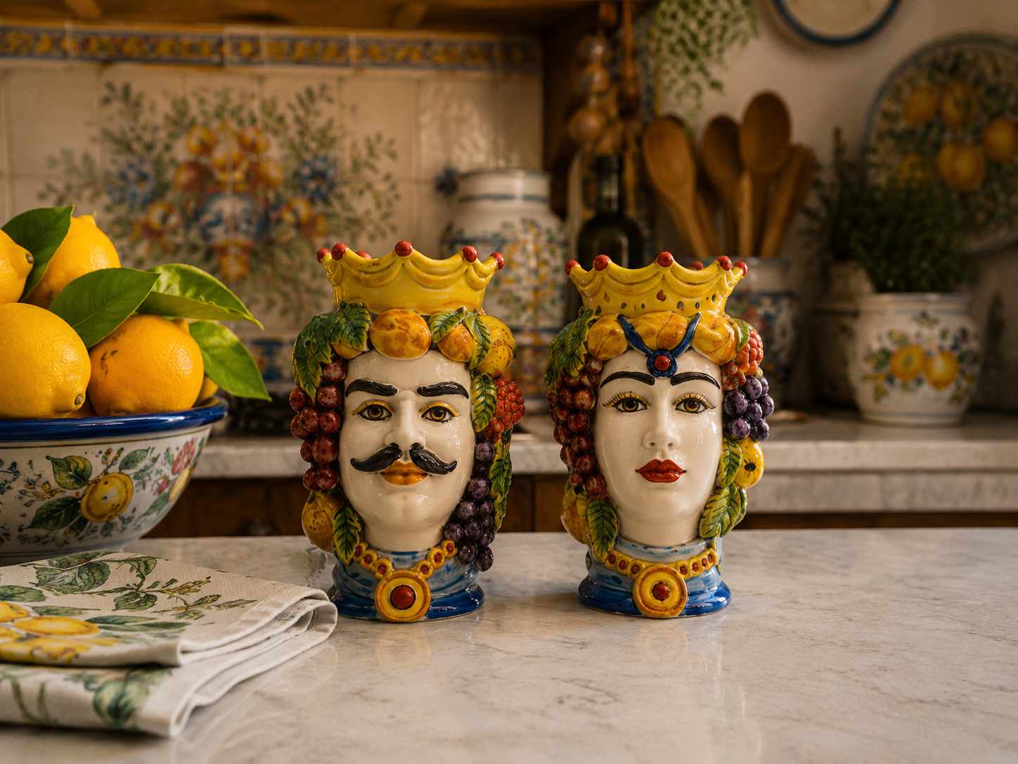 Handmade Sicilian Teste di Moro pair with colorful fruit crowns, sold together as a set

