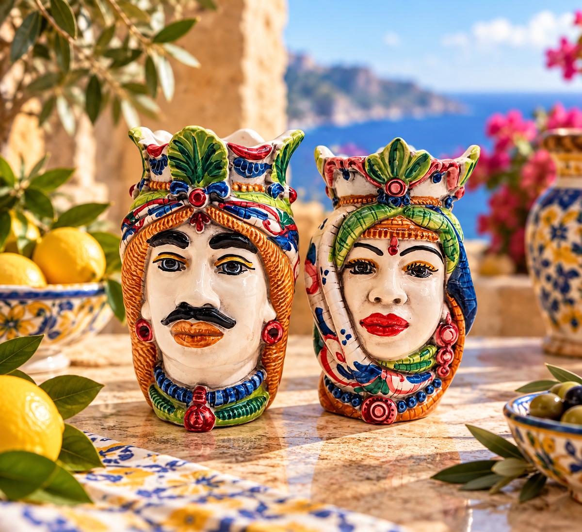 Male and female Sicilian Teste di Moro pair hand painted in traditional Caltagirone style.