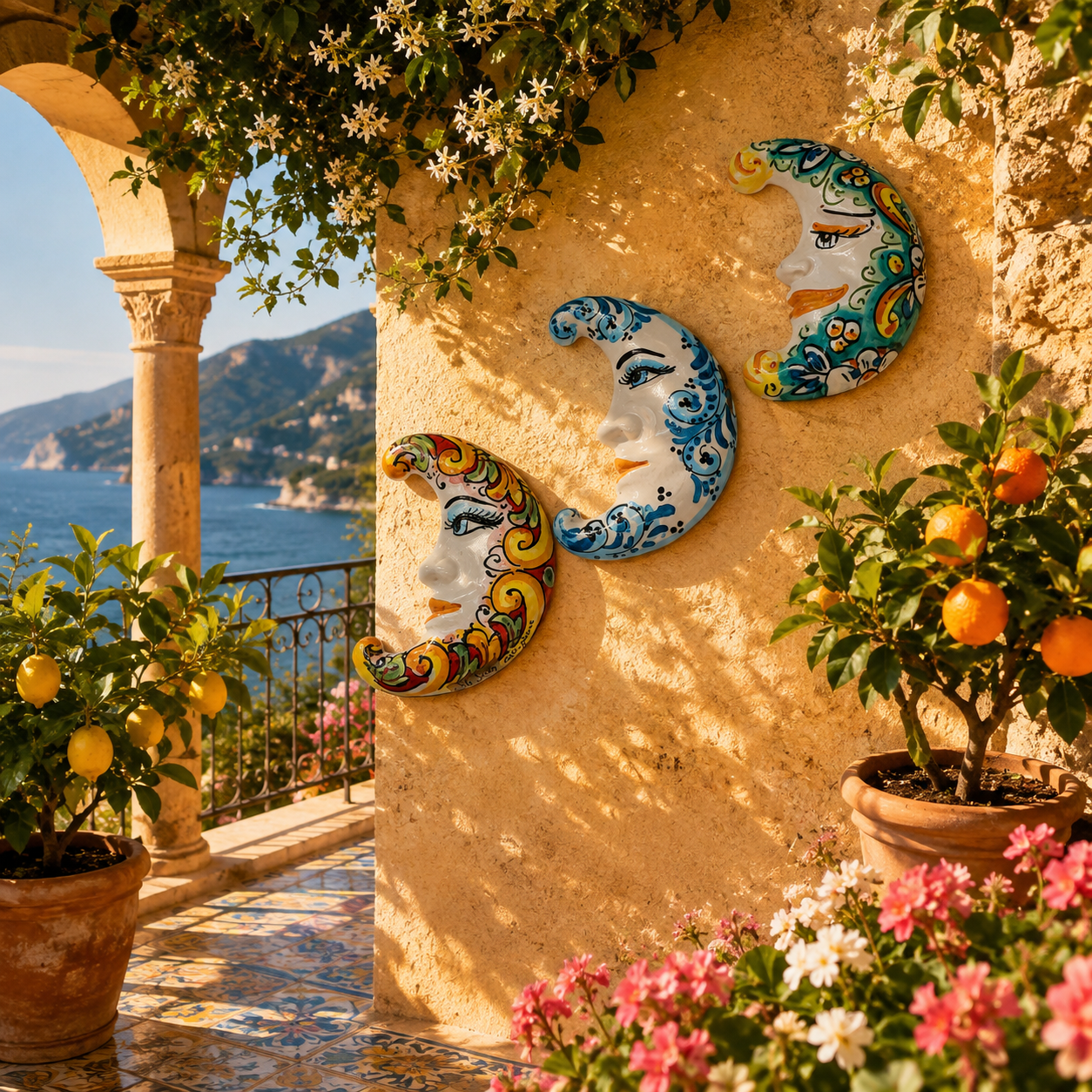 Three handmade Sicilian ceramic crescent moon wall decorations in multicolor, blue and turquoise designs, sold separately