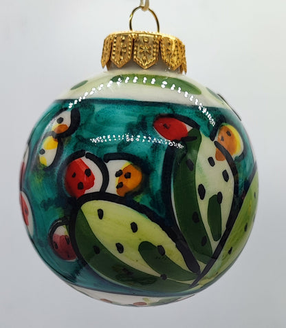 Handmade turquoise ceramic Christmas ornament with traditional Sicilian cactus design