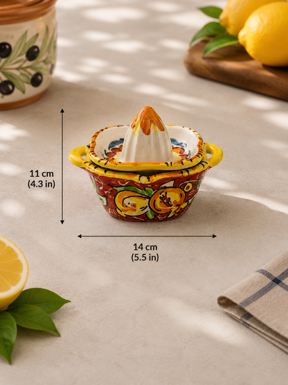 Detailed Mediterranean decoration on a turquoise Caltagirone-style ceramic juicer