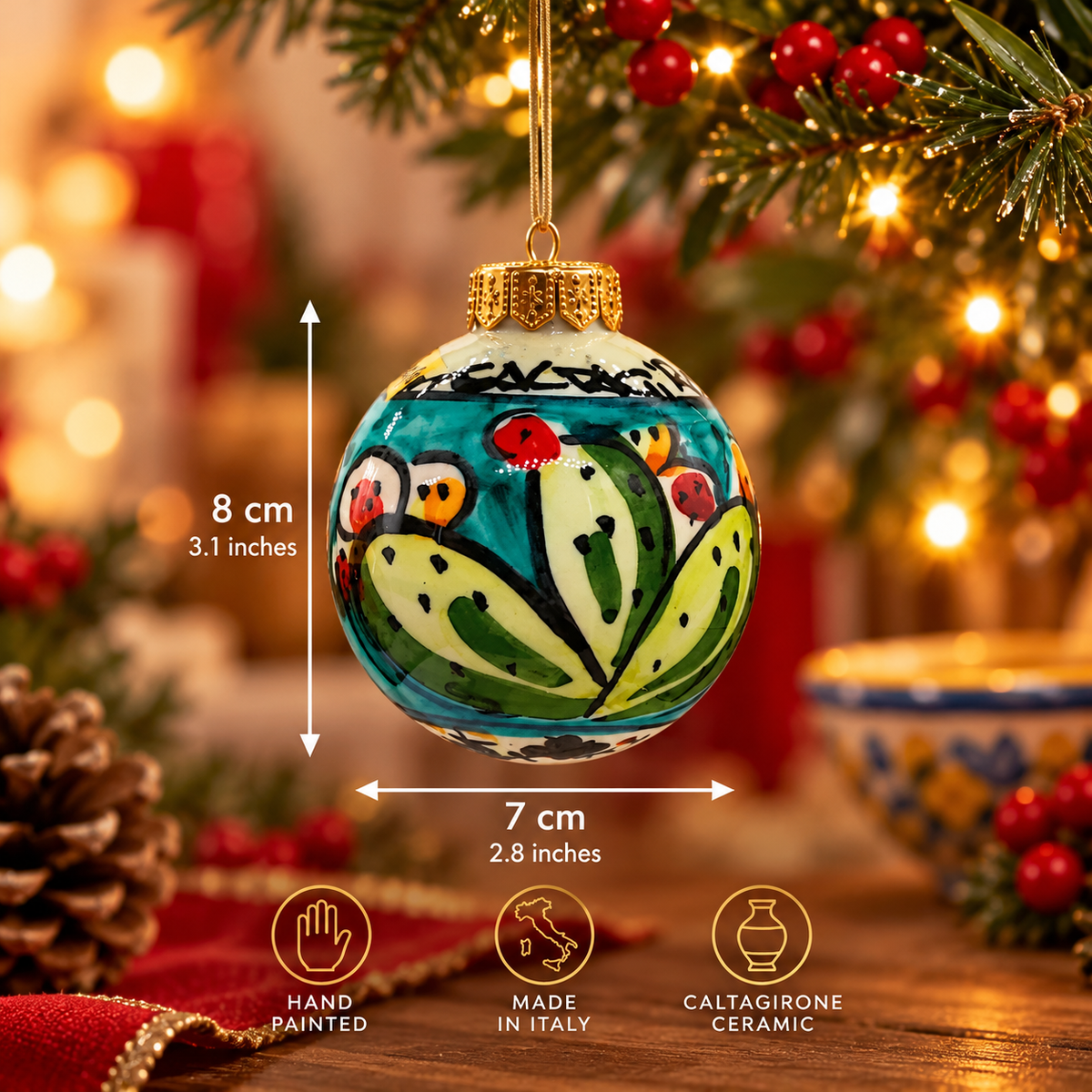 Turquoise Sicilian ceramic Christmas bauble, 8 cm high and 7 cm wide