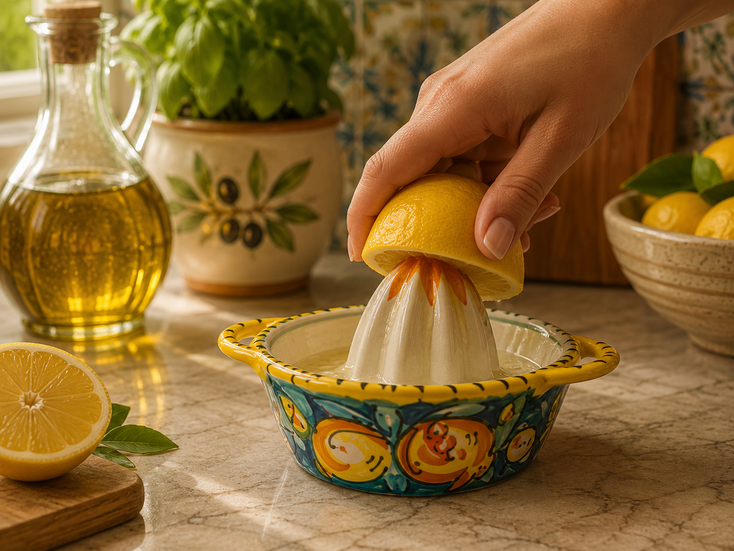 Turquoise green Sicilian ceramic lemon squeezer with colorful hand-painted fruit decoration